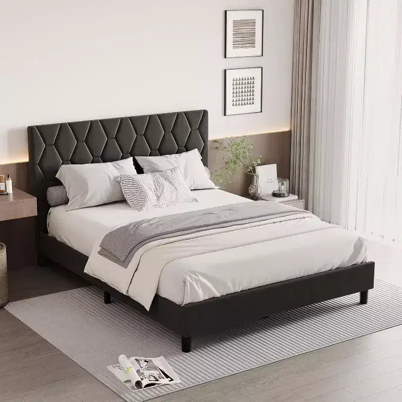 Upholstered Platform Bed - Queen Size with Headboard & Wood Slats
