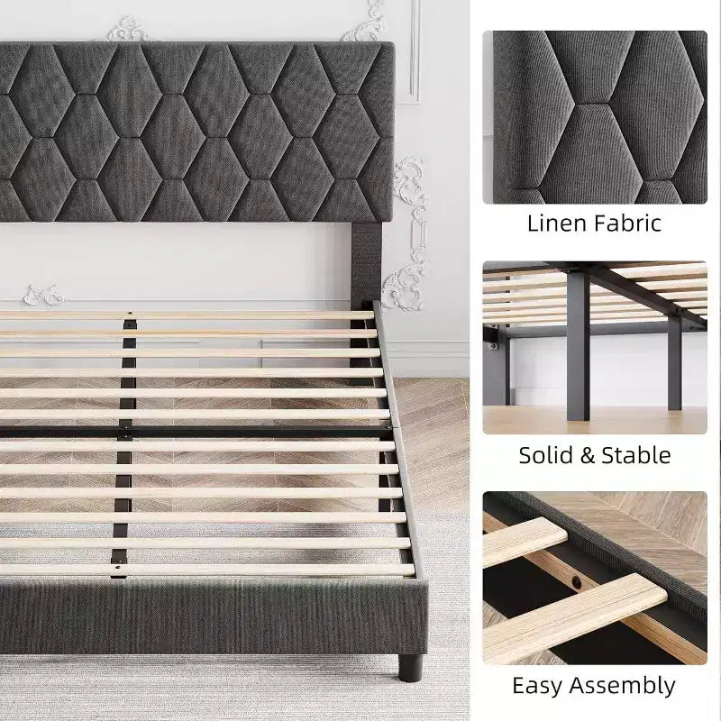 Upholstered Platform Bed - Queen Size with Headboard & Wood Slats
