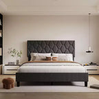 Upholstered Platform Bed - Queen Size with Headboard & Wood Slats