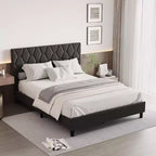 Upholstered Platform Bed - Queen Size with Headboard & Wood Slats