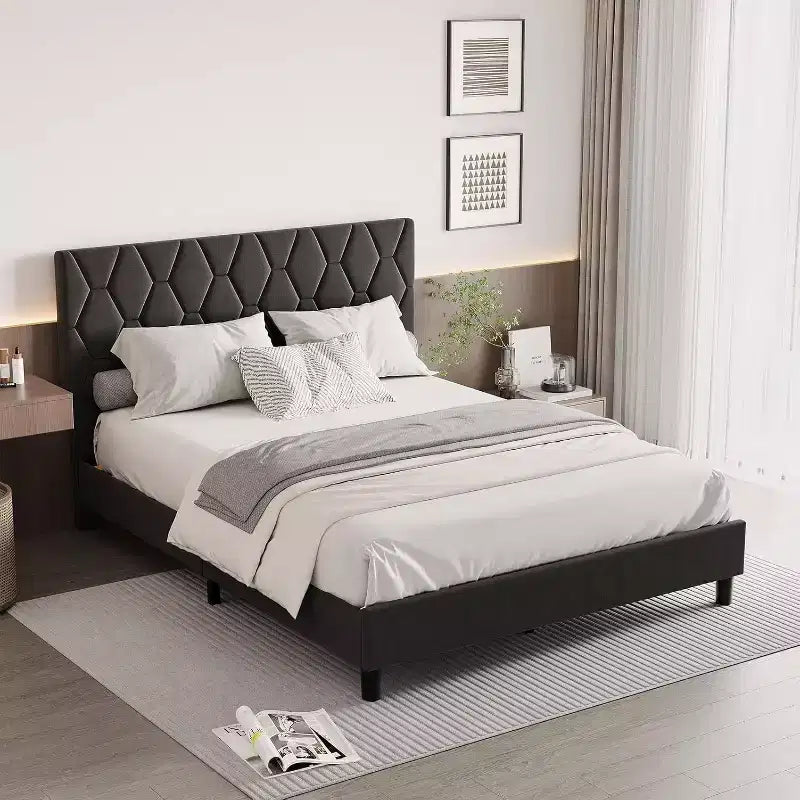 Upholstered Platform Bed - Queen Size with Headboard & Wood Slats