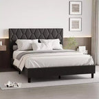 Upholstered Platform Bed - Queen Size with Headboard & Wood Slats