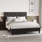 Upholstered Platform Bed - Queen Size with Headboard & Wood Slats