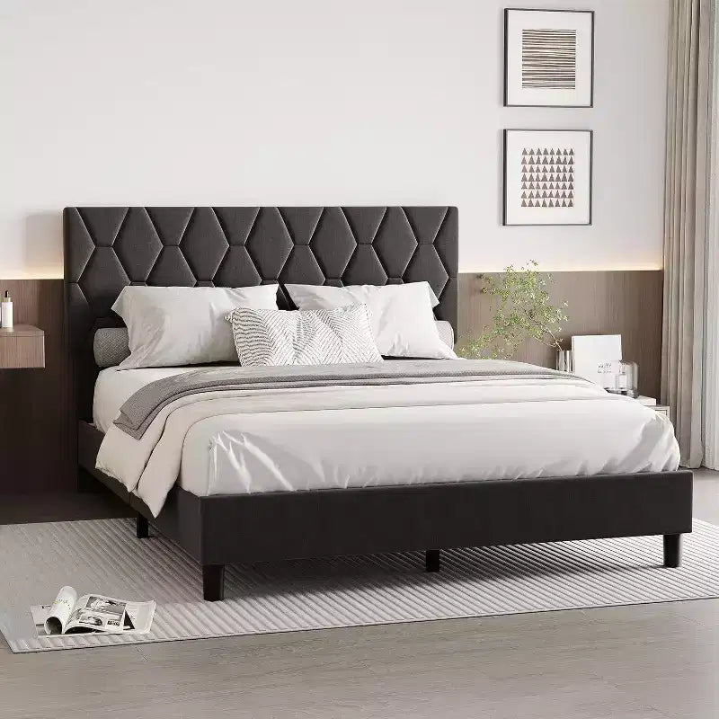 Upholstered Platform Bed - Queen Size with Headboard & Wood Slats