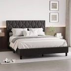 Upholstered Platform Bed - Queen Size with Headboard & Wood Slats