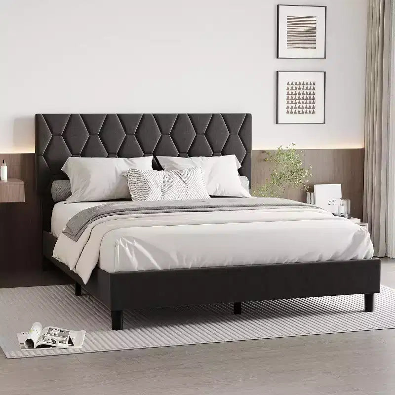 Upholstered Platform Bed - Queen Size with Headboard & Wood Slats