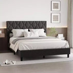 Upholstered Platform Bed - Queen Size with Headboard & Wood Slats
