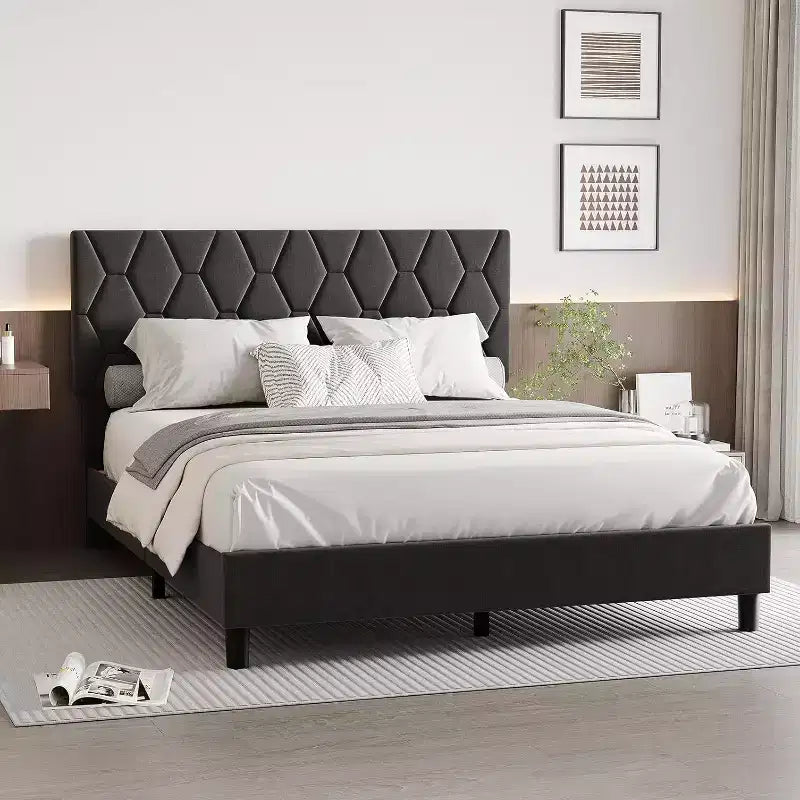 Upholstered Platform Bed - Queen Size with Headboard & Wood Slats
