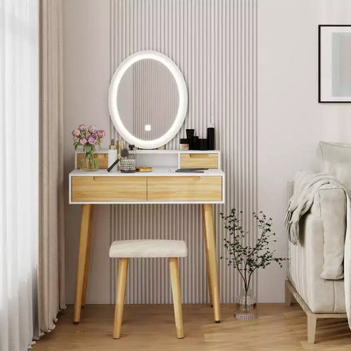 ELECWISH 23.6 Wood Grain Makeup Vanity Desk Set with LED Mirror & Stool - 3-Way Lighting, USB Charging Station, Blow Dryer Holder, Storage Shelves