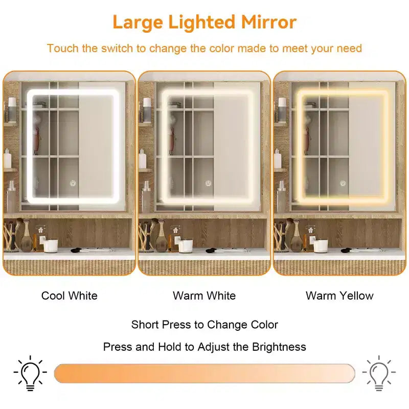 23.6 Wood Grain Makeup Vanity Desk Set with LED Mirror & Stool - 3-Way Lighting, USB Charging Station, Blow Dryer Holder, Storage Shelves