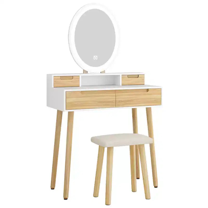 23.6 Wood Grain Makeup Vanity Desk Set with LED Mirror & Stool - 3-Way Lighting, USB Charging Station, Blow Dryer Holder, Storage Shelves