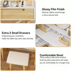 23.6 Wood Grain Makeup Vanity Desk Set with LED Mirror & Stool - 3-Way Lighting, USB Charging Station, Blow Dryer Holder, Storage Shelves