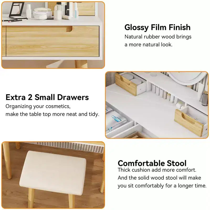 23.6 Wood Grain Makeup Vanity Desk Set with LED Mirror & Stool - 3-Way Lighting, USB Charging Station, Blow Dryer Holder, Storage Shelves