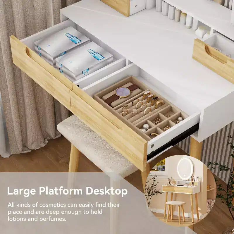 23.6 Wood Grain Makeup Vanity Desk Set with LED Mirror & Stool - 3-Way Lighting, USB Charging Station, Blow Dryer Holder, Storage Shelves