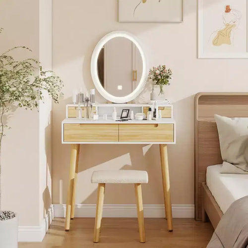23.6 Wood Grain Makeup Vanity Desk Set with LED Mirror & Stool - 3-Way Lighting, USB Charging Station, Blow Dryer Holder, Storage Shelves