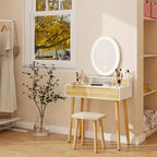 23.6 Wood Grain Makeup Vanity Desk Set with LED Mirror & Stool - 3-Way Lighting, USB Charging Station, Blow Dryer Holder, Storage Shelves