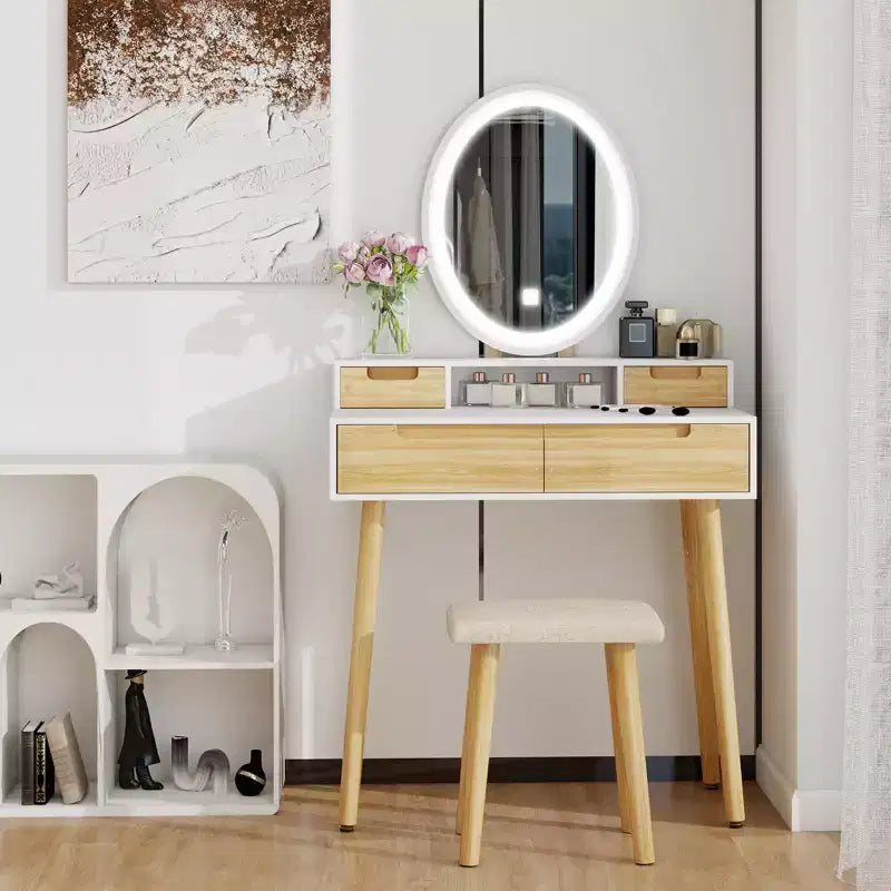 23.6 Wood Grain Makeup Vanity Desk Set with LED Mirror & Stool - 3-Way Lighting, USB Charging Station, Blow Dryer Holder, Storage Shelves