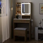 23.6 Wood Grain Makeup Vanity Desk Set with LED Mirror & Stool - 3-Way Lighting, USB Charging Station, Blow Dryer Holder, Storage Shelves