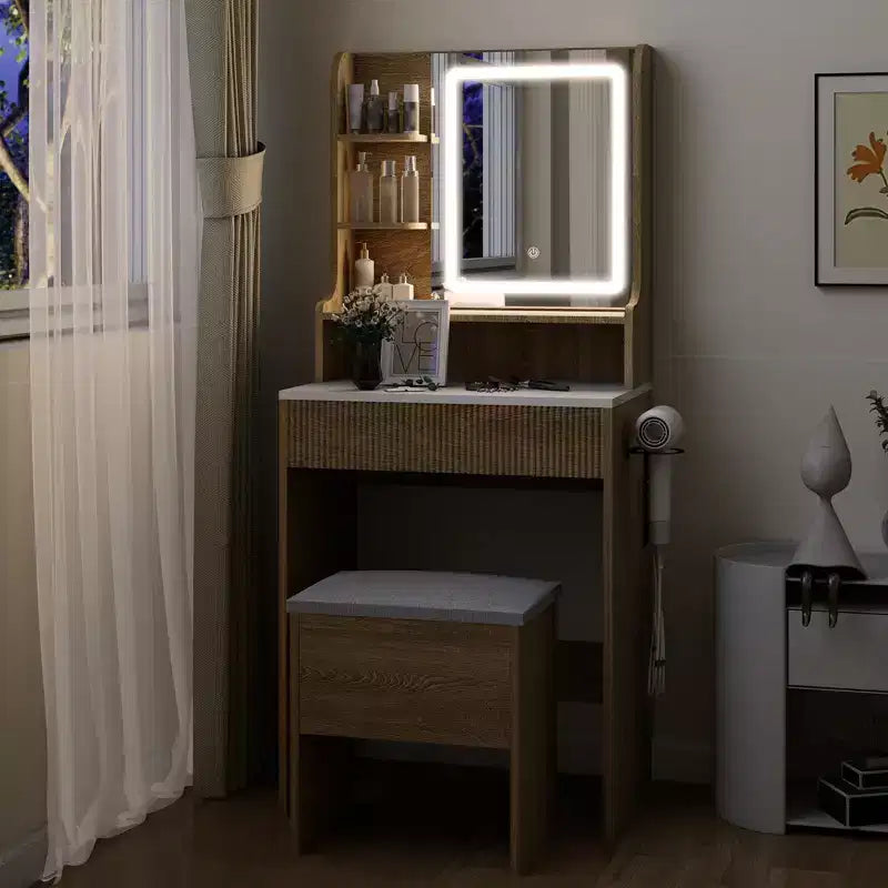 23.6 Wood Grain Makeup Vanity Desk Set with LED Mirror & Stool - 3-Way Lighting, USB Charging Station, Blow Dryer Holder, Storage Shelves
