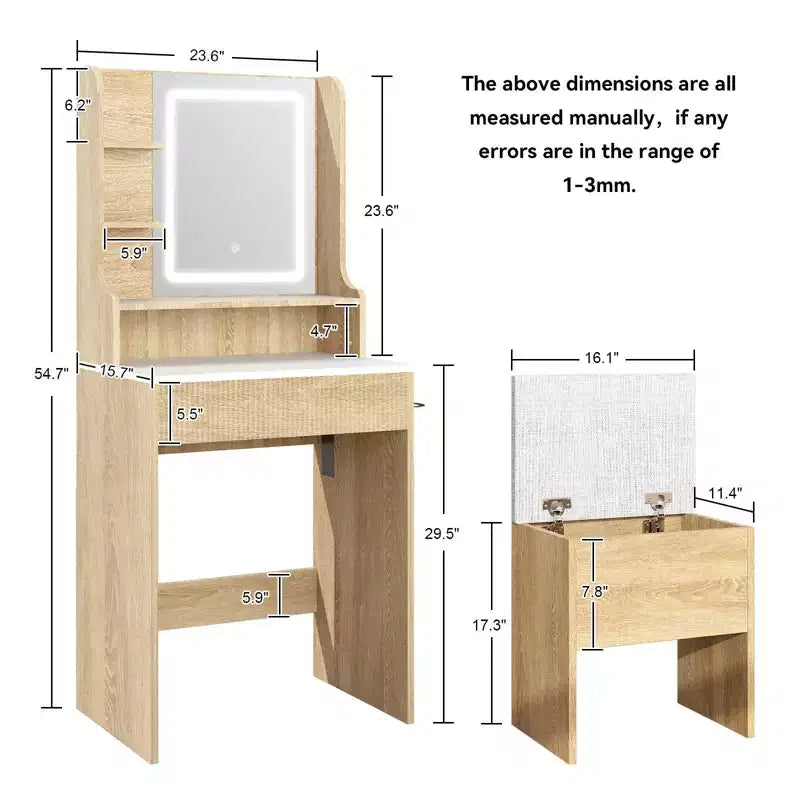 23.6 Wood Grain Makeup Vanity Desk Set with LED Mirror & Stool - 3-Way Lighting, USB Charging Station, Blow Dryer Holder, Storage Shelves