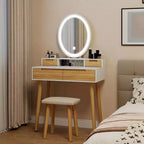 23.6 Wood Grain Makeup Vanity Desk Set with LED Mirror & Stool - 3-Way Lighting, USB Charging Station, Blow Dryer Holder, Storage Shelves