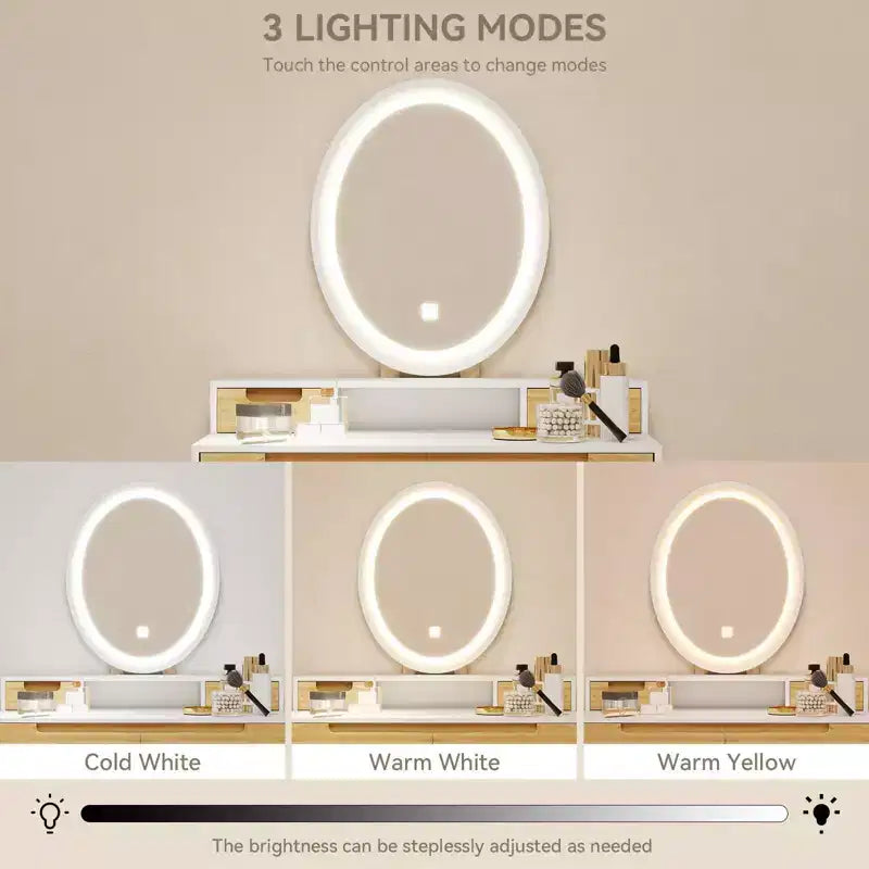 23.6 Wood Grain Makeup Vanity Desk Set with LED Mirror & Stool - 3-Way Lighting, USB Charging Station, Blow Dryer Holder, Storage Shelves