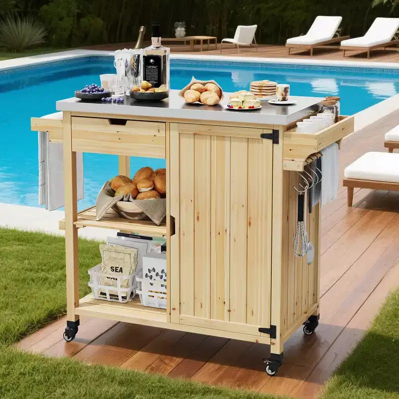 Outdoor Grill Cart & Rolling Kitchen Island with Stainless Steel Top - with Drawer, Spice Rack, Open Shelves, Wheels, Portable Patio Bar Cart for BBQ