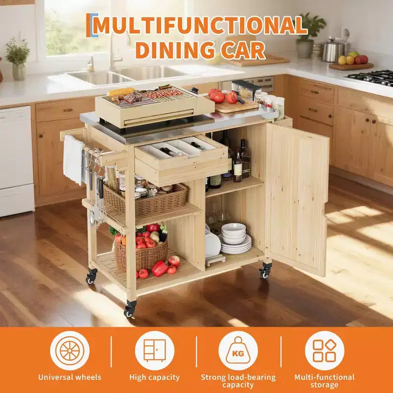Outdoor Grill Cart & Rolling Kitchen Island with Stainless Steel Top - with Drawer, Spice Rack, Open Shelves, Wheels, Portable Patio Bar Cart for BBQ