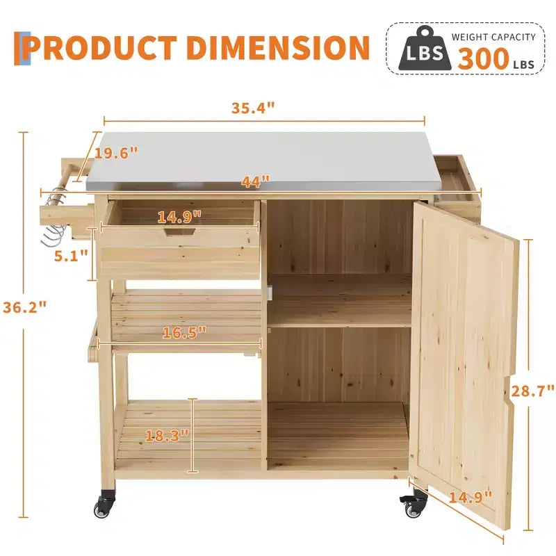 Outdoor Grill Cart & Rolling Kitchen Island with Stainless Steel Top - with Drawer, Spice Rack, Open Shelves, Wheels, Portable Patio Bar Cart for BBQ