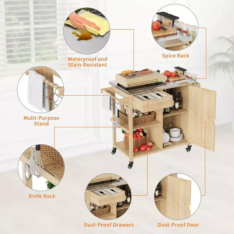 Outdoor Grill Cart & Rolling Kitchen Island with Stainless Steel Top - with Drawer, Spice Rack, Open Shelves, Wheels, Portable Patio Bar Cart for BBQ