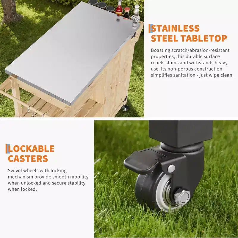 Outdoor Grill Cart & Rolling Kitchen Island with Stainless Steel Top - with Drawer, Spice Rack, Open Shelves, Wheels, Portable Patio Bar Cart for BBQ