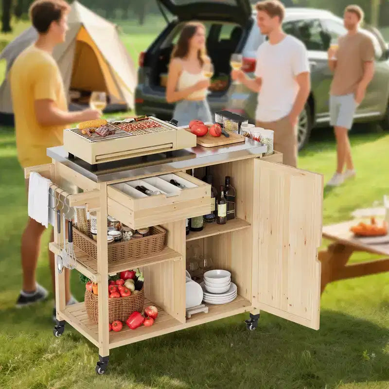 Outdoor Grill Cart & Rolling Kitchen Island with Stainless Steel Top - with Drawer, Spice Rack, Open Shelves, Wheels, Portable Patio Bar Cart for BBQ