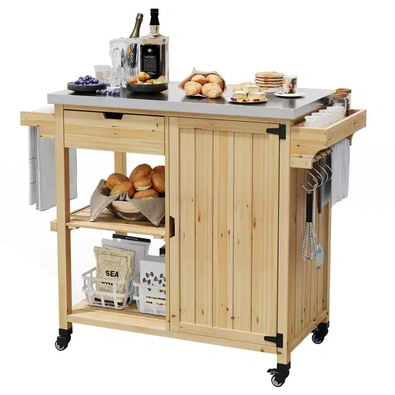Outdoor Grill Cart & Rolling Kitchen Island with Stainless Steel Top - with Drawer, Spice Rack, Open Shelves, Wheels, Portable Patio Bar Cart for BBQ