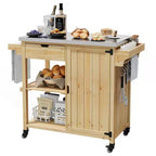 Outdoor Grill Cart & Rolling Kitchen Island with Stainless Steel Top - with Drawer, Spice Rack, Open Shelves, Wheels, Portable Patio Bar Cart for BBQ