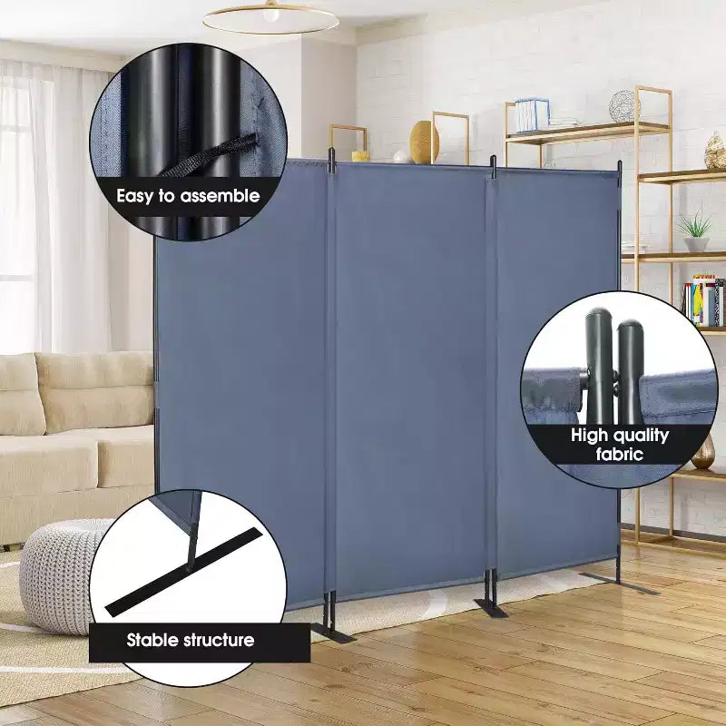 3-Panel 6ft Room Divider Folding Fabric Privacy Screen w/Iron Frame Gray