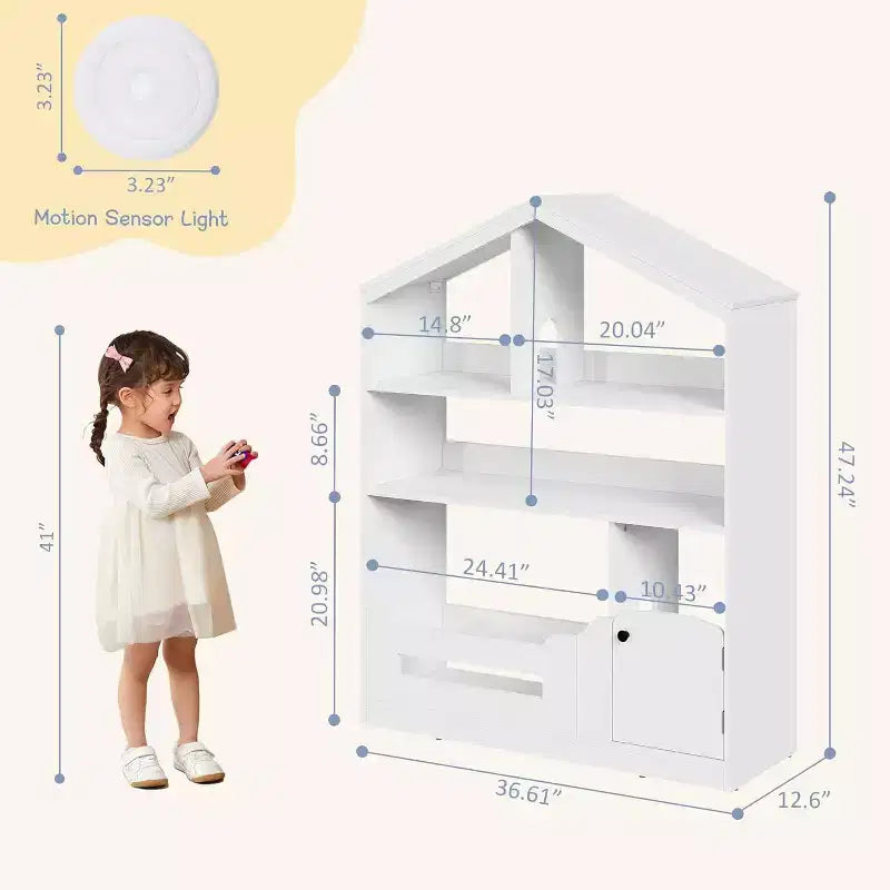 3-Tier Kids Bookshelf with Motion Sensor Light, Toy Storage Organizer, Wooden House-Shaped Book Rack for Bedroom or Playroom, 47.2" Tall