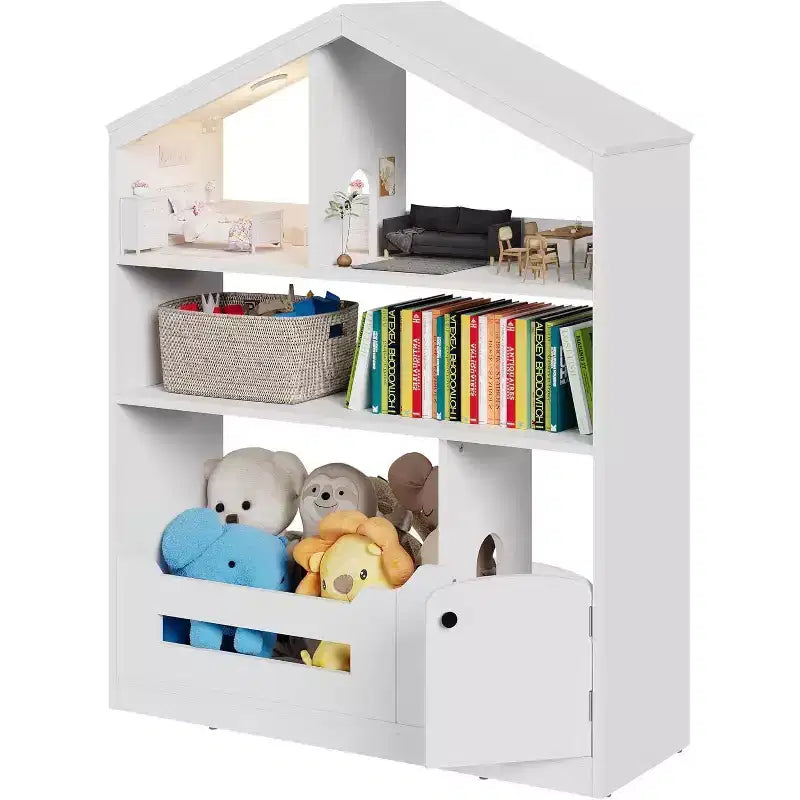 3-Tier Kids Bookshelf with Motion Sensor Light, Toy Storage Organizer, Wooden House-Shaped Book Rack for Bedroom or Playroom, 47.2" Tall