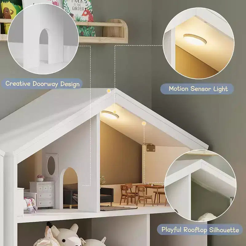 3-Tier Kids Bookshelf with Motion Sensor Light, Toy Storage Organizer, Wooden House-Shaped Book Rack for Bedroom or Playroom, 47.2" Tall