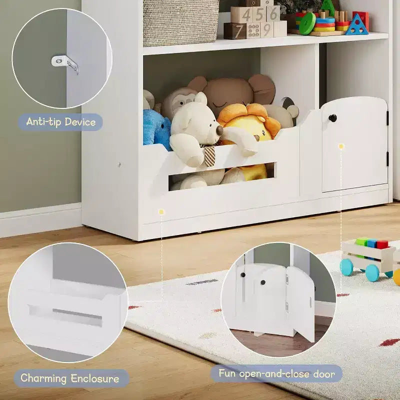 3-Tier Kids Bookshelf with Motion Sensor Light, Toy Storage Organizer, Wooden House-Shaped Book Rack for Bedroom or Playroom, 47.2" Tall