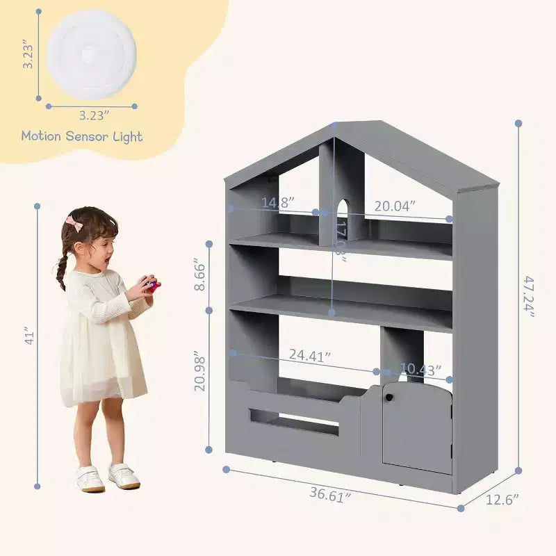 3-Tier Kids Bookshelf with Motion Sensor Light, Toy Storage Organizer, Wooden House-Shaped Book Rack for Bedroom or Playroom, 47.2" Tall