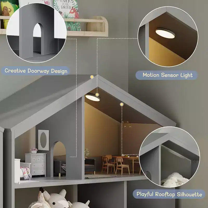 3-Tier Kids Bookshelf with Motion Sensor Light, Toy Storage Organizer, Wooden House-Shaped Book Rack for Bedroom or Playroom, 47.2" Tall
