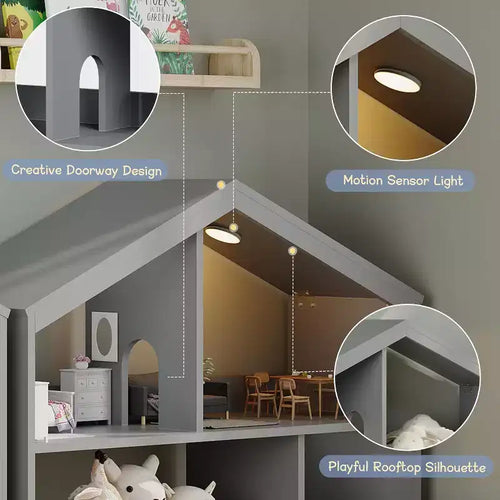 3-Tier Kids Bookshelf with Motion Sensor Light, Toy Storage Organizer, Wooden House-Shaped Book Rack for Bedroom or Playroom, 47.2" Tall