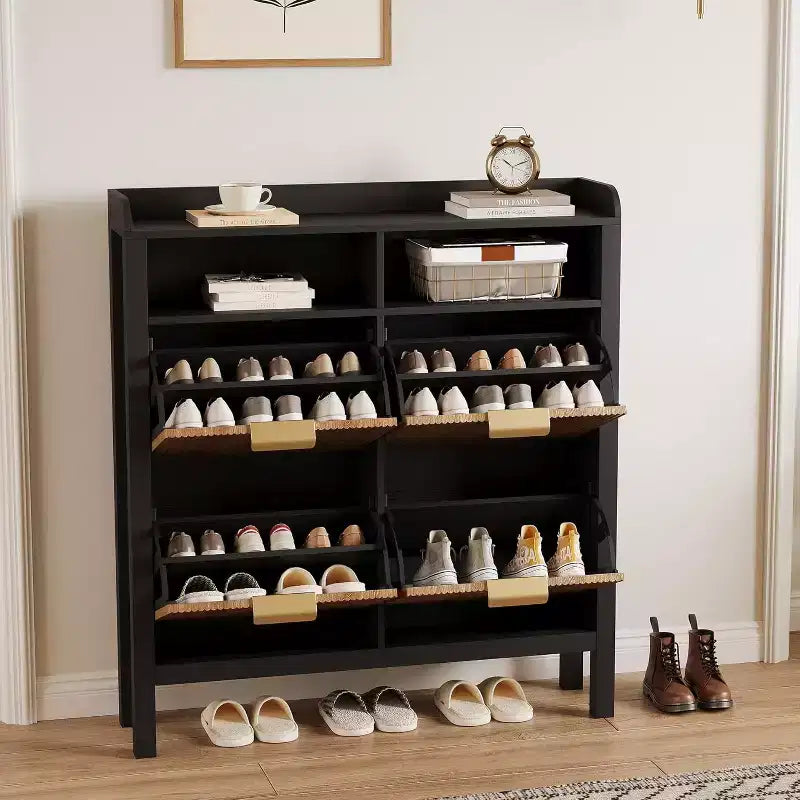 Fluted Narrow Shoe Storage Cabinet Organizer with Legs and 4 Flip Drawers, Freestanding Hidden Slim Shoe Storage for Entryway Living Room, Bedroom