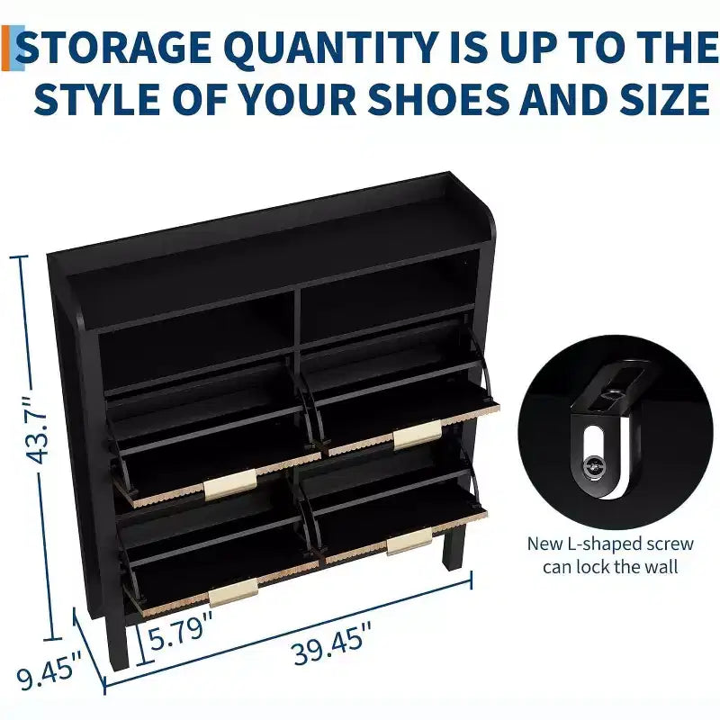 Fluted Narrow Shoe Storage Cabinet Organizer with Legs and 4 Flip Drawers, Freestanding Hidden Slim Shoe Storage for Entryway Living Room, Bedroom