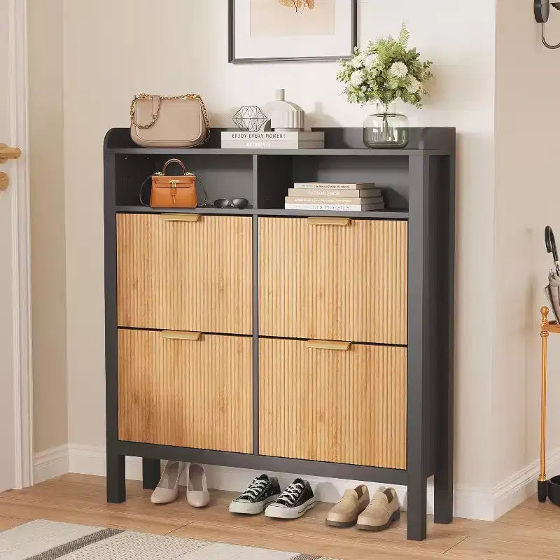 Fluted Narrow Shoe Storage Cabinet Organizer with Legs and 4 Flip Drawers, Freestanding Hidden Slim Shoe Storage for Entryway Living Room, Bedroom