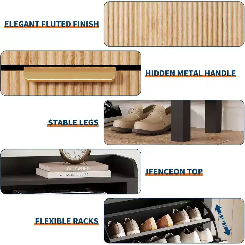 Fluted Narrow Shoe Storage Cabinet Organizer with Legs and 4 Flip Drawers, Freestanding Hidden Slim Shoe Storage for Entryway Living Room, Bedroom