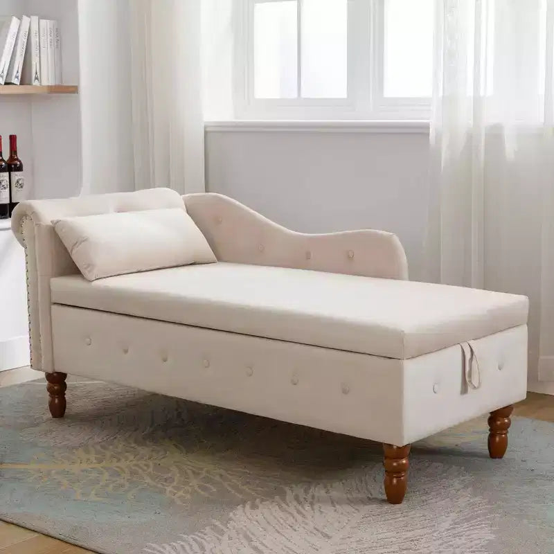Velvet Chaise Lounge, Storage Pillow Nailhead Trim Rolled Arm, Living Room Bedroom Office, Beige