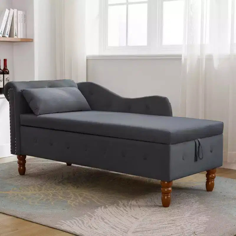 Velvet Chaise Lounge, Storage Pillow Nailhead Trim Rolled Arm, Living Room Bedroom Office, Beige