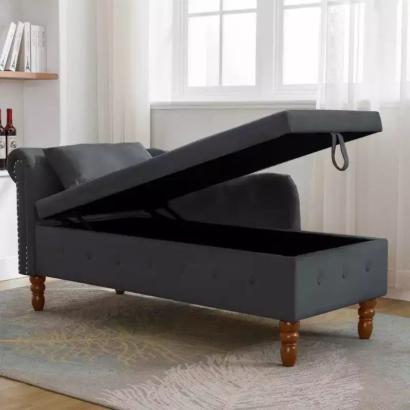 Velvet Chaise Lounge, Storage Pillow Nailhead Trim Rolled Arm, Living Room Bedroom Office, Beige