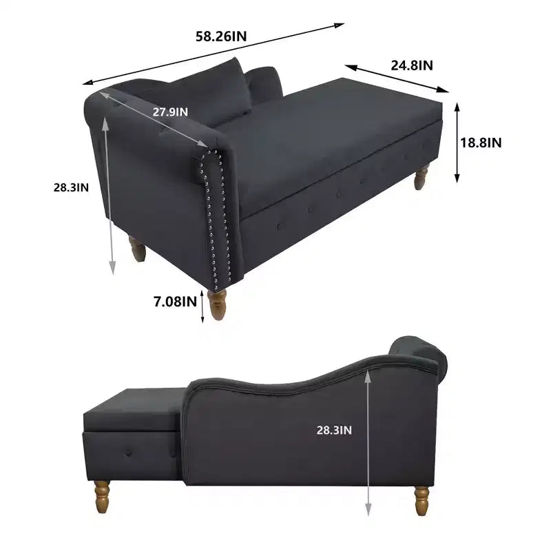 Velvet Chaise Lounge, Storage Pillow Nailhead Trim Rolled Arm, Living Room Bedroom Office, Beige